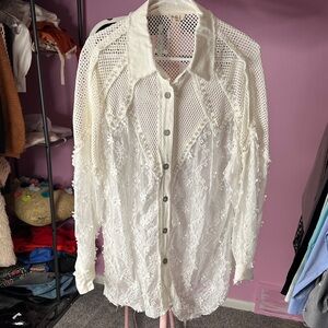 POL Cream Lace Button-Down Shirt